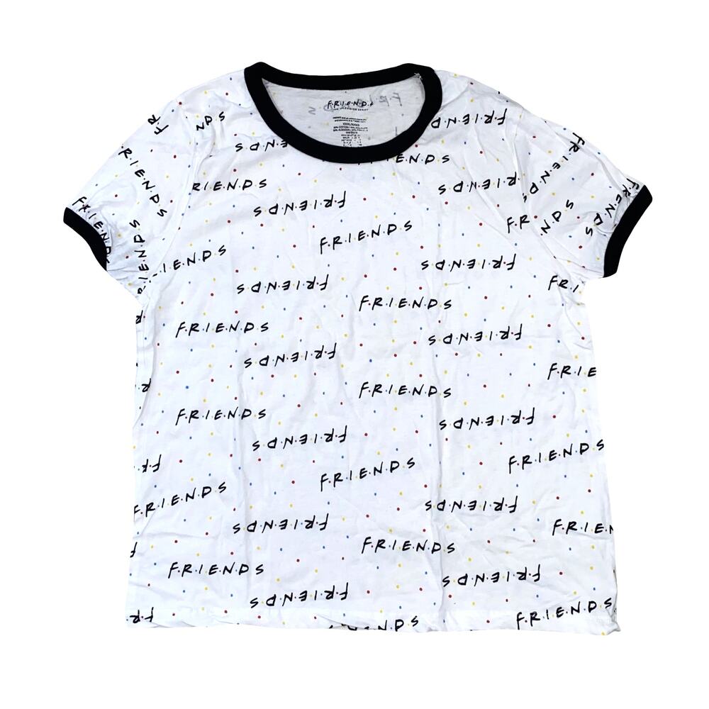 Friends TV Show Women's T-Shirt White with Black Trim All-Over Logo Print